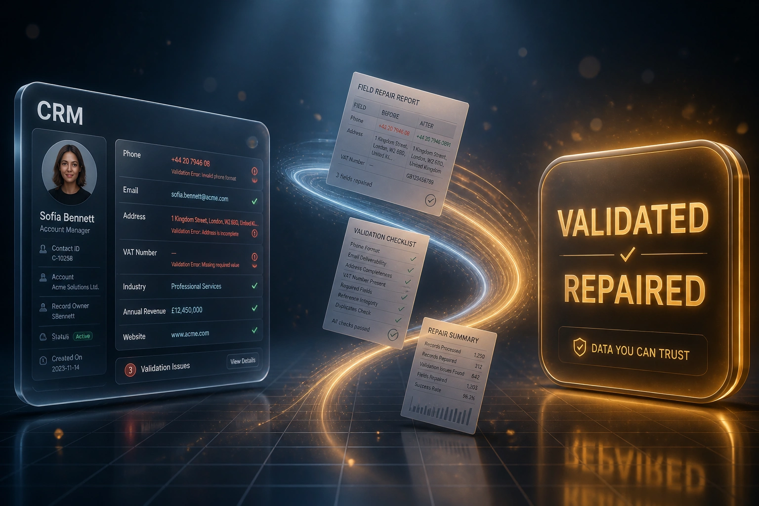 Glass CRM panel showing validation errors connected by a repair-document ribbon to a glossy VALIDATED/REPAIRED badge in slate blue and amber gold light