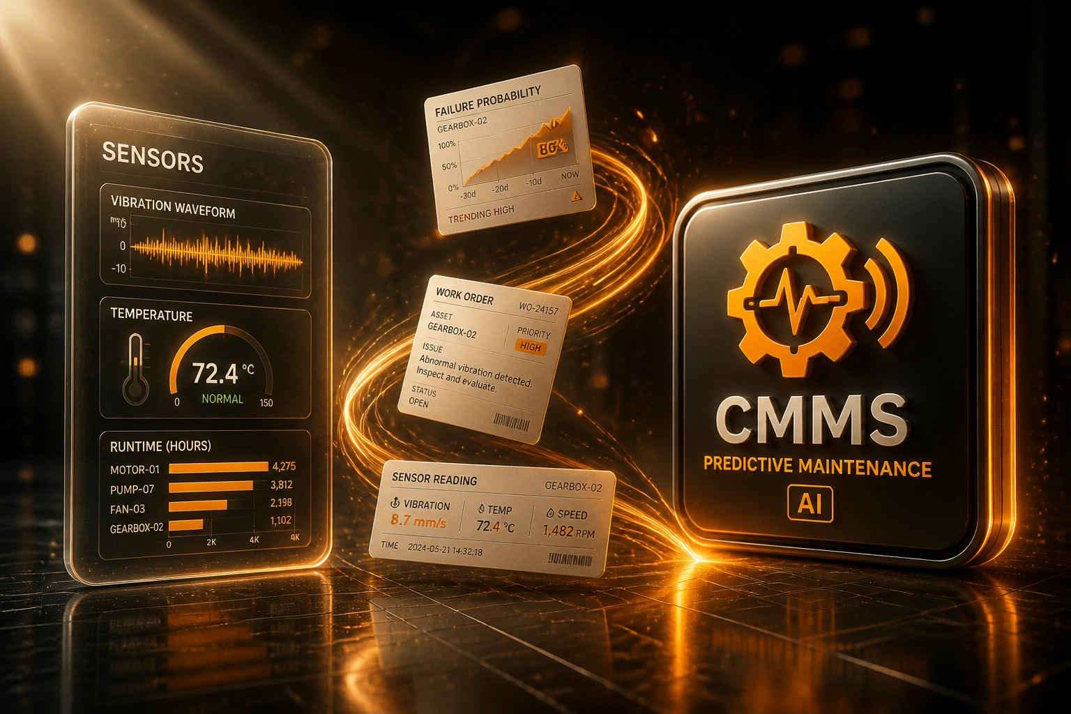 A glass Sensors panel with vibration and temperature readings connected by an amber ribbon of failure-probability and work-order cards to a glossy CMMS predictive maintenance AI badge
