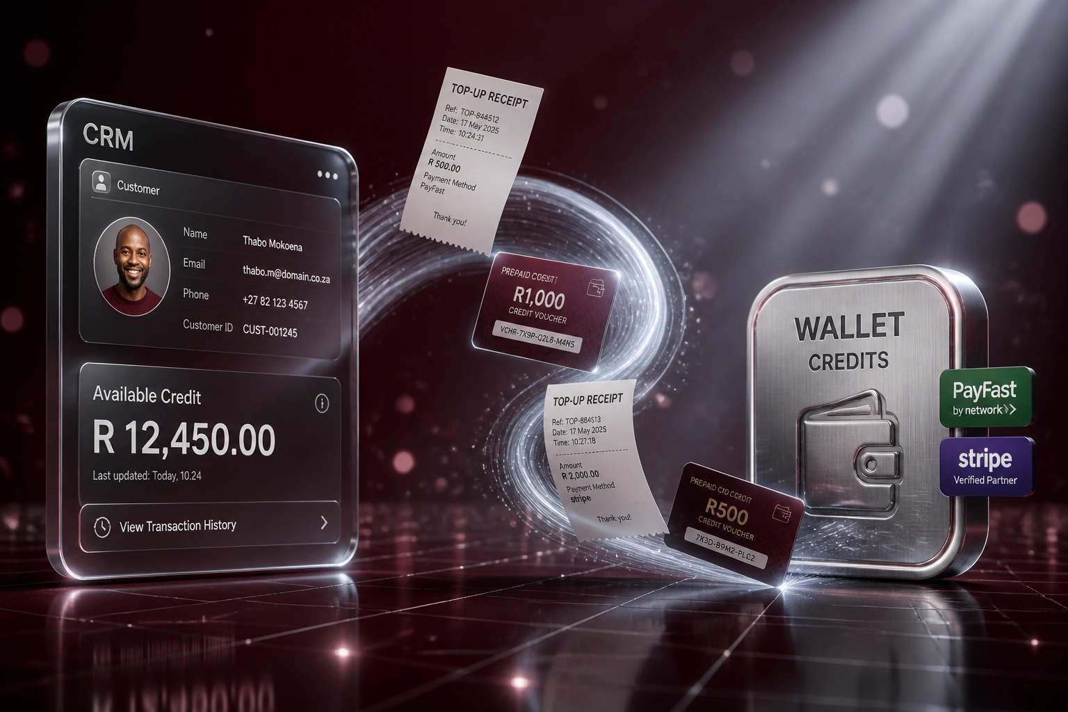 A CRM customer panel showing available credit connected by a silver ribbon of top-up receipts to a Wallet Credits badge, illustrating a prepaid credit wallet system