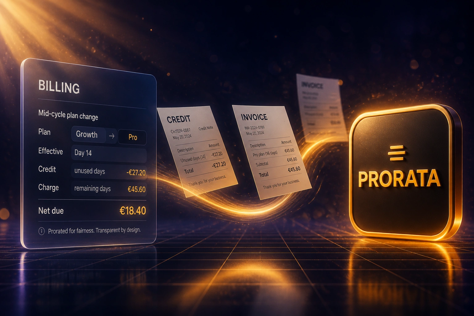 A glass BILLING panel showing a mid-cycle plan change connected by an amber ribbon of credit notes and invoices to a glossy PRORATA badge