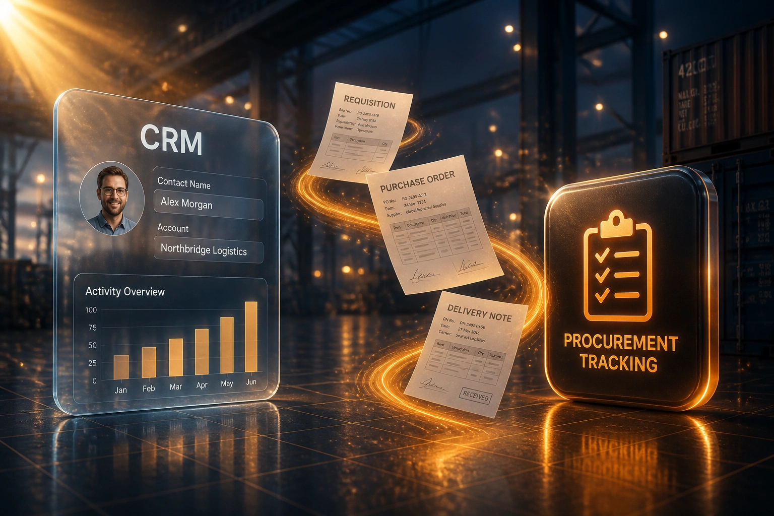 A CRM panel and a procurement tracking badge connected by a flowing stream of requisitions, purchase orders, and delivery notes