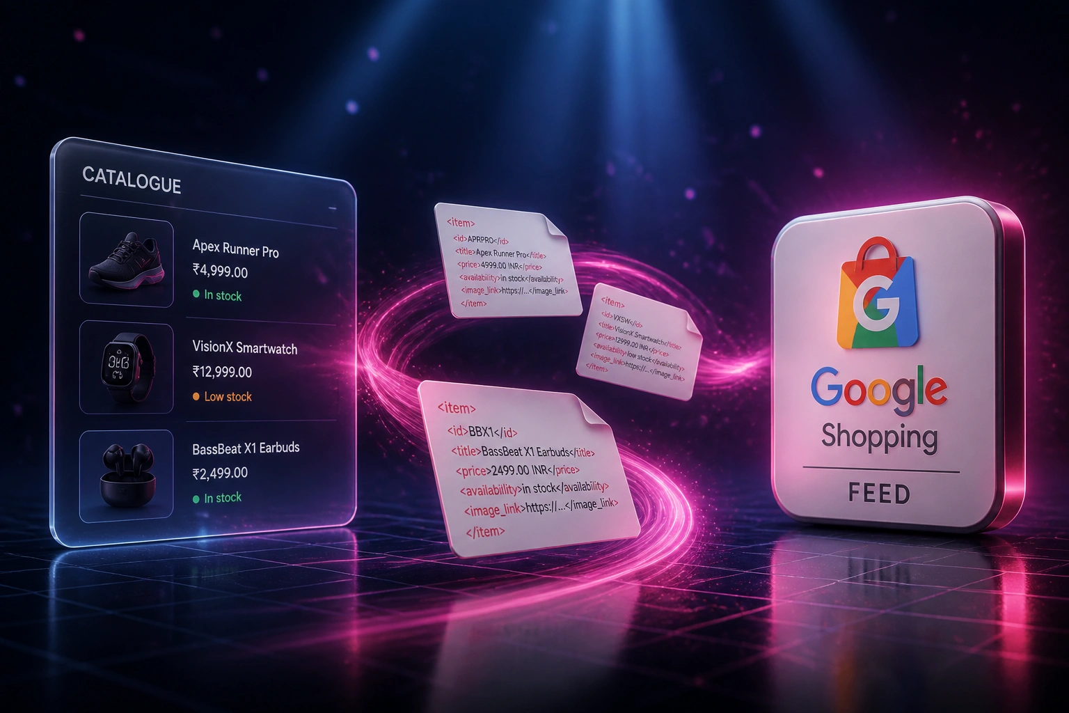 A glass CATALOGUE panel connected by a magenta ribbon of product feed documents to a Google Shopping FEED badge, illustrating automated feed management