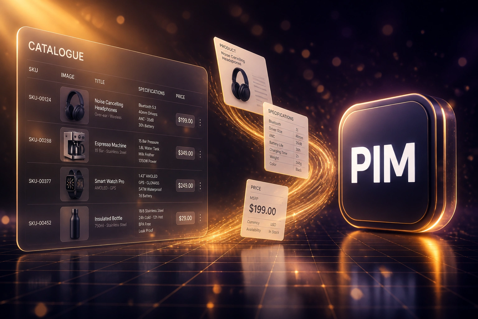 A glass CATALOGUE panel connected by an amber ribbon of product specs, images, and price cards to a glossy PIM badge, illustrating product data centralisation