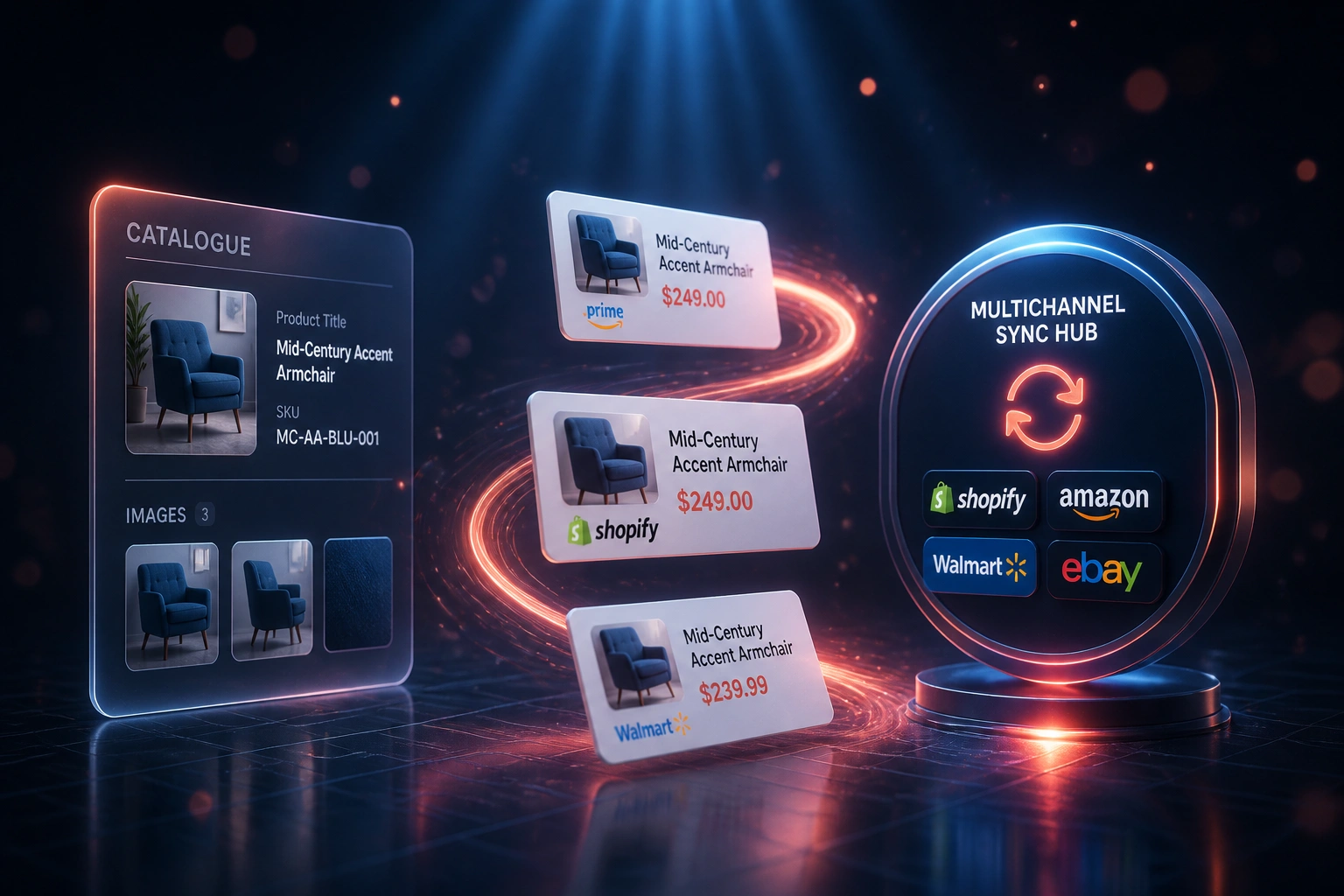 A glass CATALOGUE panel connected by a coral-orange ribbon of product listing cards to a multichannel sync hub, illustrating automated catalogue syndication
