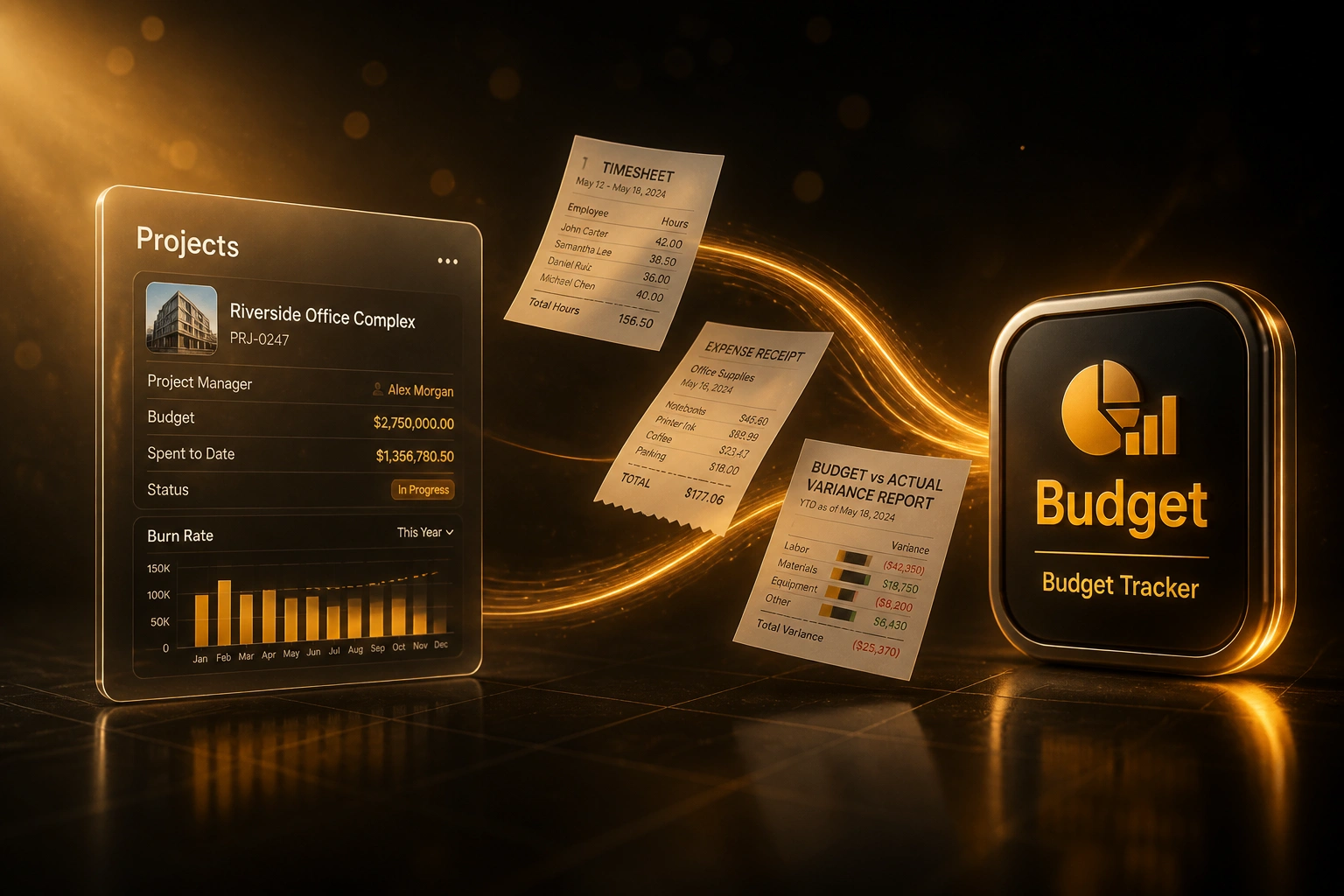 A Projects glass panel and a Budget Tracker badge linked by an amber ribbon of timesheets, expense receipts, and budget-vs-actual reports, illustrating live project budget tracking