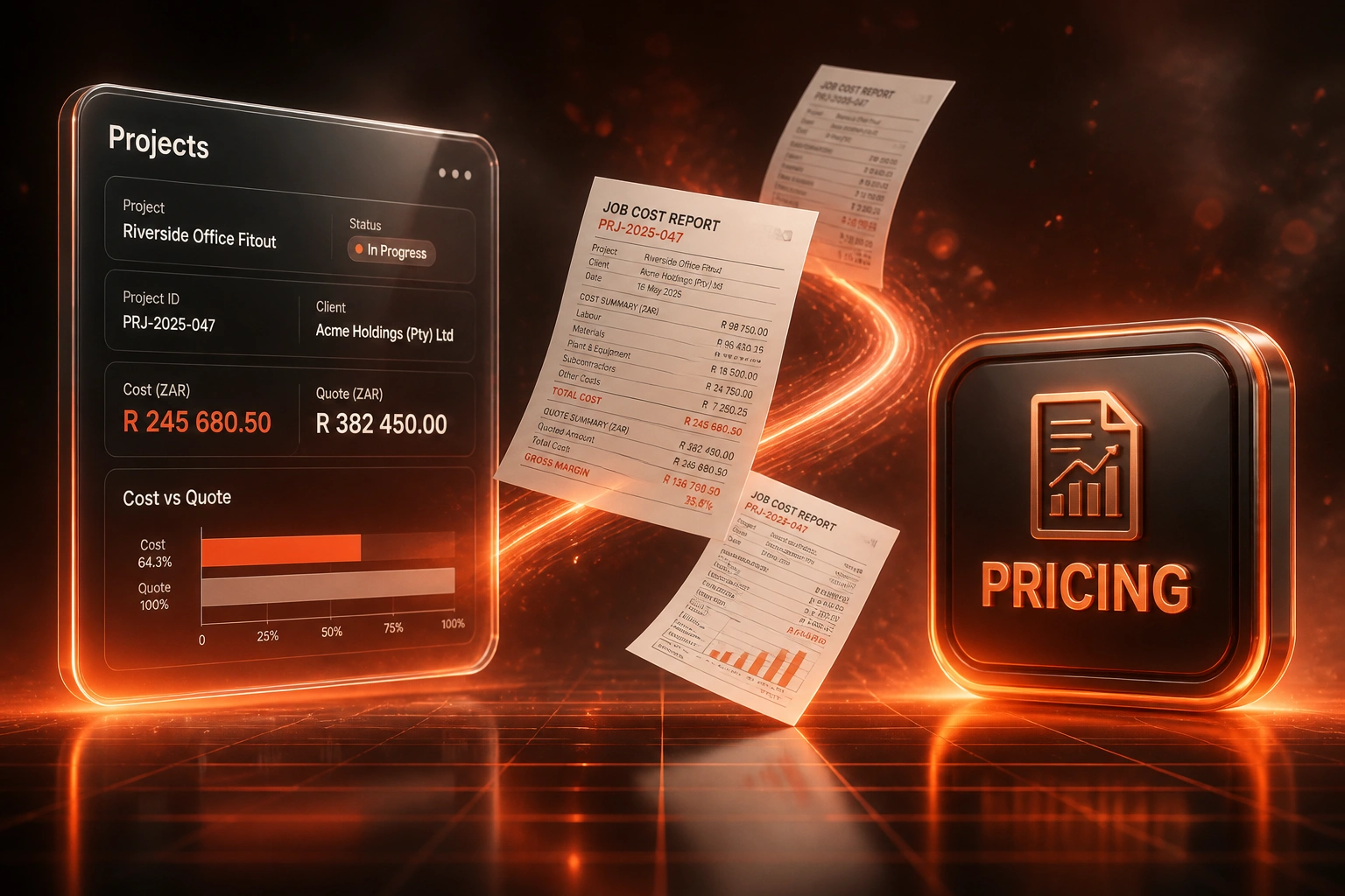 A glass Projects panel with cost and quote fields linked by a coral ribbon of job cost reports to a glossy PRICING badge
