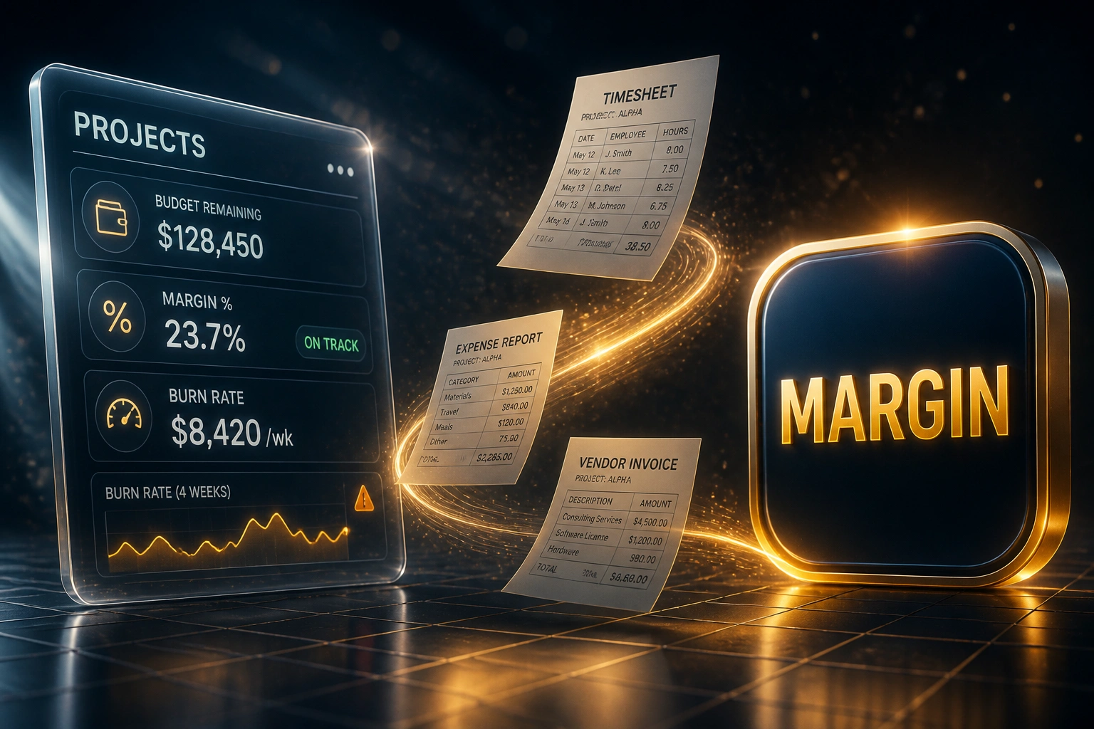 A glass Projects panel with budget and margin fields linked by an amber ribbon of timesheets and cost documents to a glossy MARGIN badge