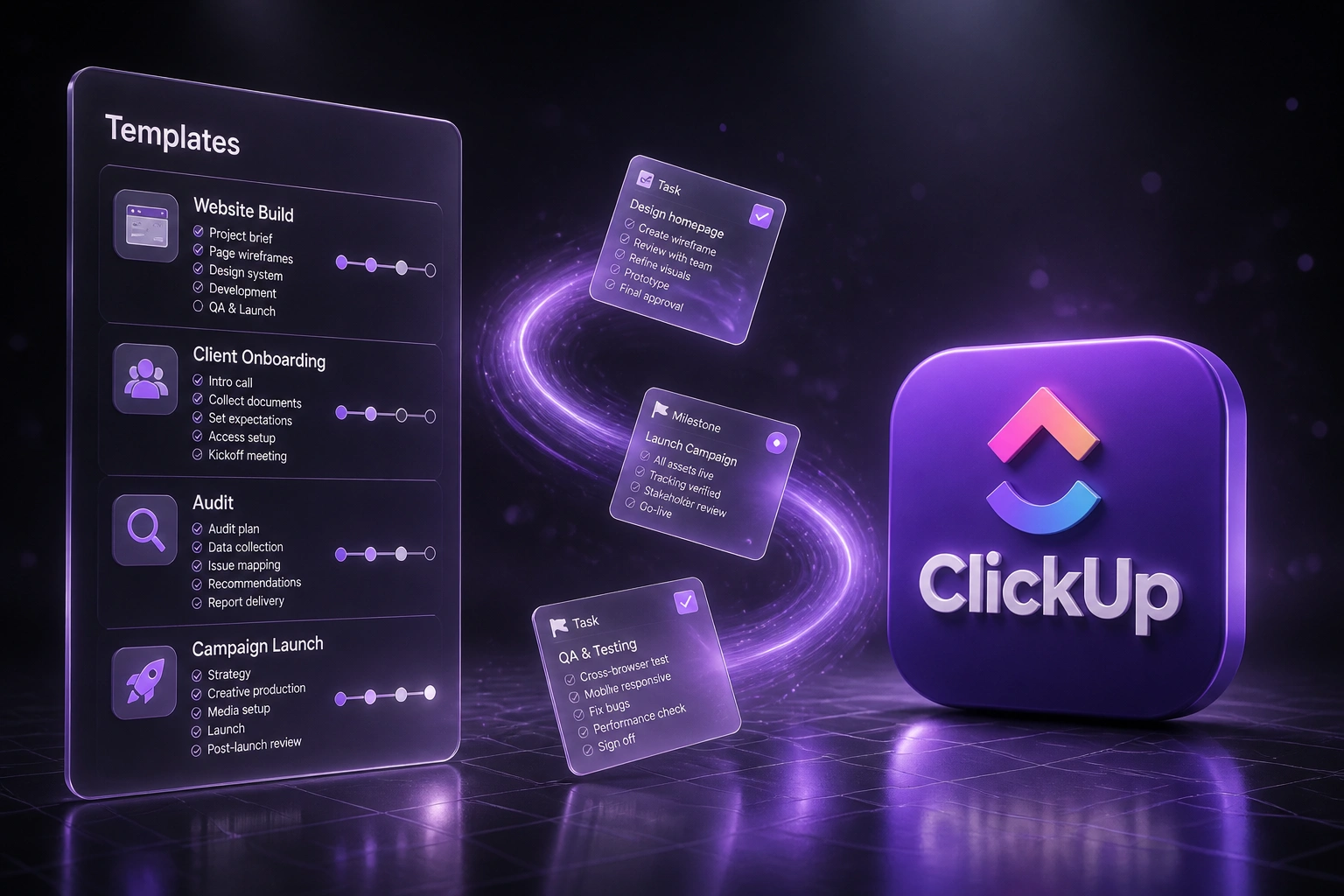 A Templates glass panel with stacked project cards connected by a violet ribbon of tasks to a ClickUp badge, illustrating automated project template stamping