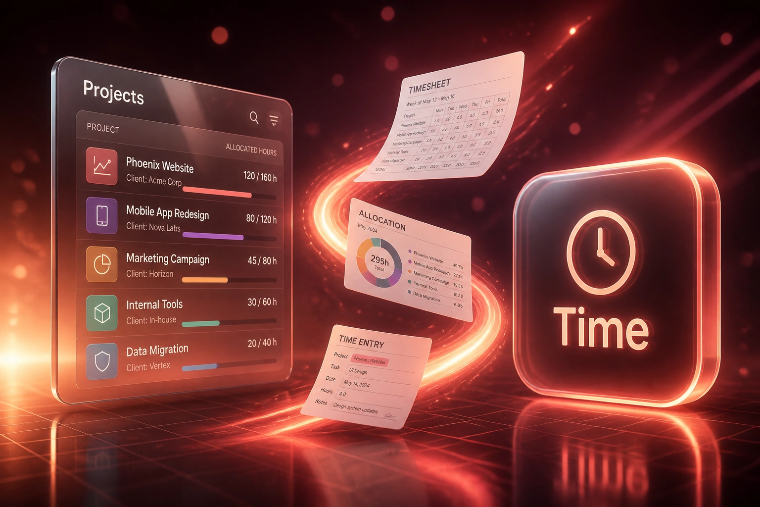 A Projects glass panel and a Time badge linked by a coral ribbon of timesheets and allocation documents, illustrating multi-project time allocation tracking