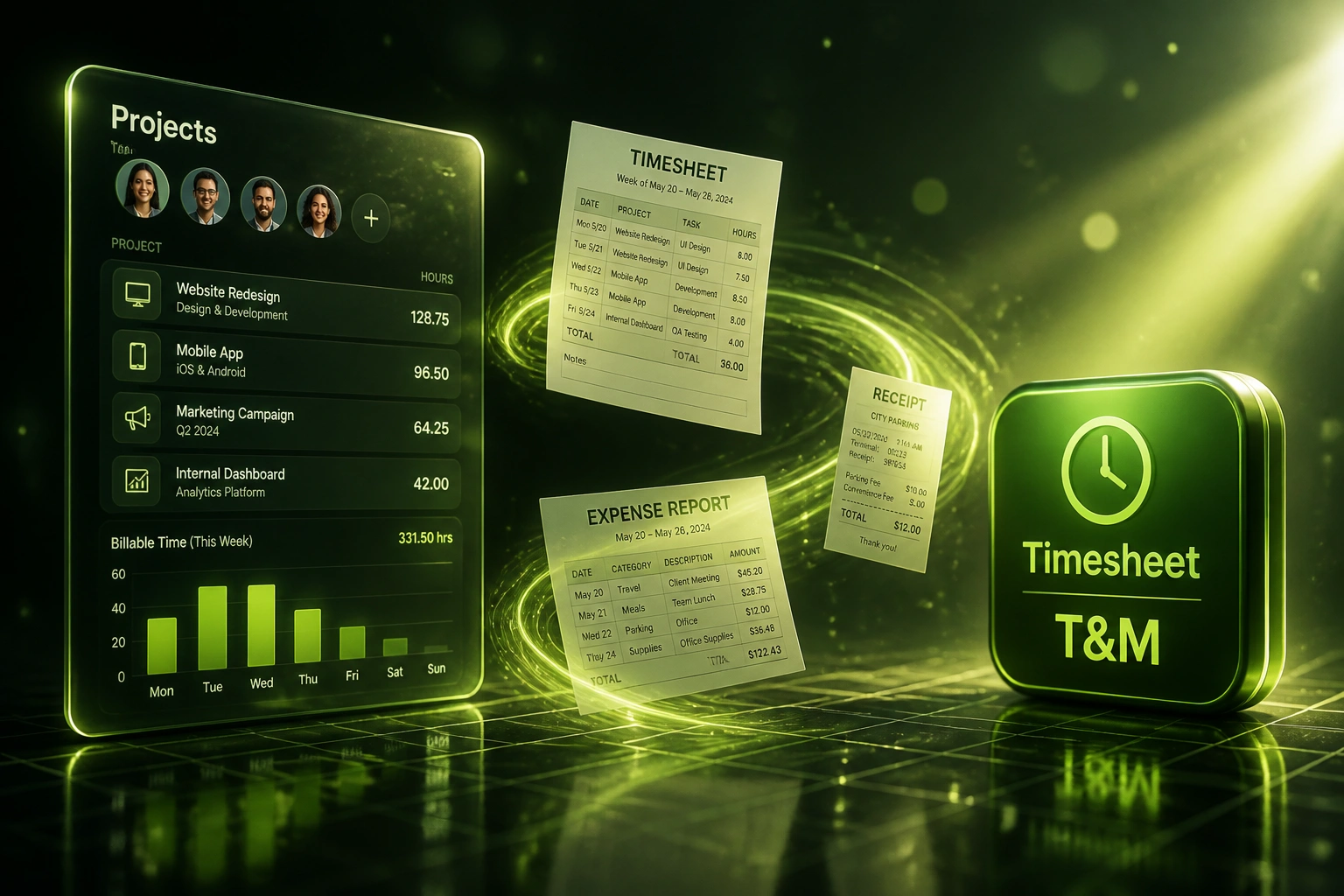 A Projects glass panel and a Timesheet T&M badge linked by a lime-green ribbon of timesheets and expense documents, illustrating integrated time and materials tracking