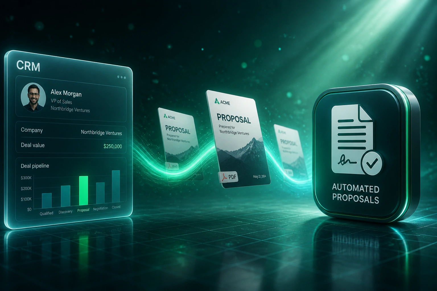 A glass CRM panel connected by an emerald ribbon of light to a glossy automated-proposals badge, with branded sales proposal documents mid-flight