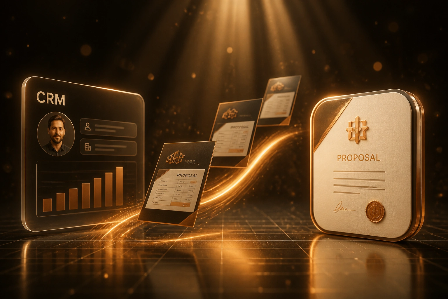 A glass CRM panel linked by a copper-gold ribbon to a glossy proposal badge, with branded proposal documents mid-flight over a dark reflective floor