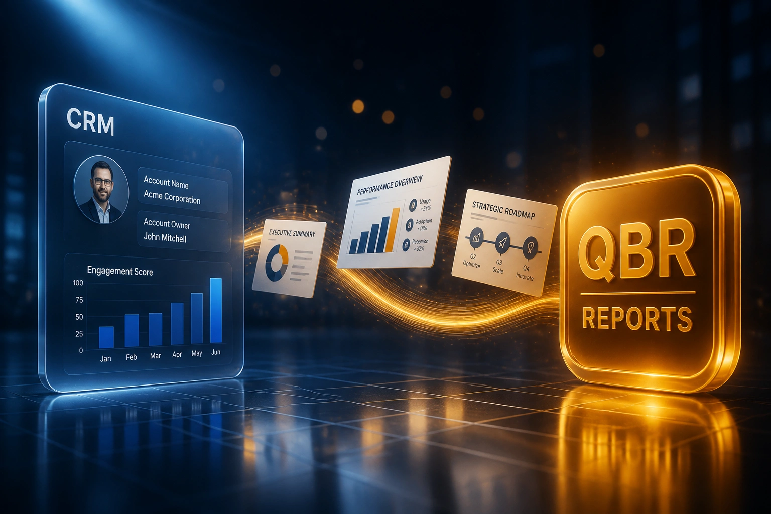 A glass CRM panel and an amber QBR Reports badge connected by a ribbon of light carrying slide decks, illustrating automated quarterly business review preparation
