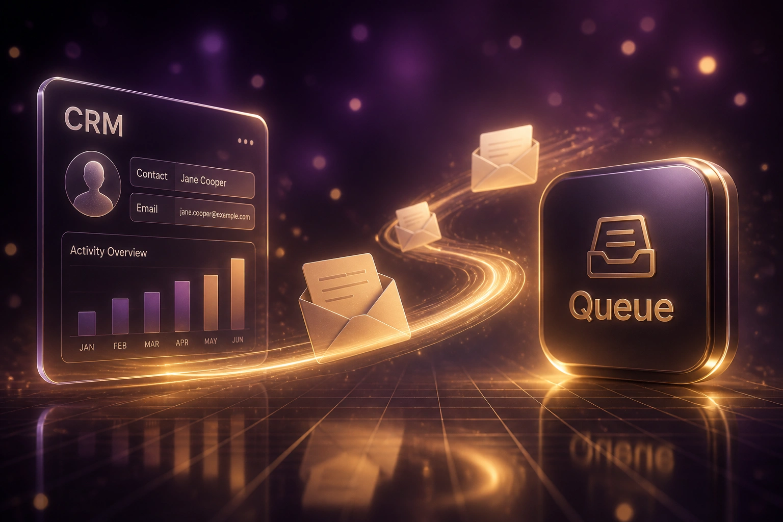 A glass CRM panel and a gold Queue badge linked by an S-curved ribbon of message envelopes, illustrating buffered async integration flow