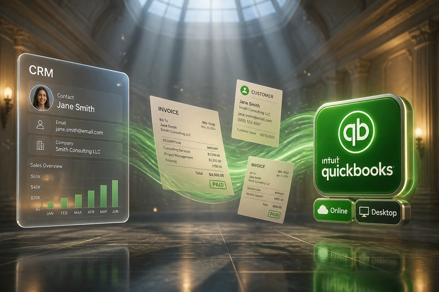 A glass CRM panel and the QuickBooks logo linked by a green ribbon of invoices, with Online and Desktop edition badges