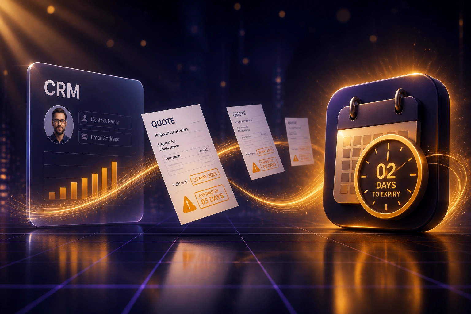 A glass CRM panel and an amber countdown calendar badge connected by floating quote documents marked with expiry warnings, illustrating quote expiry follow-up automation