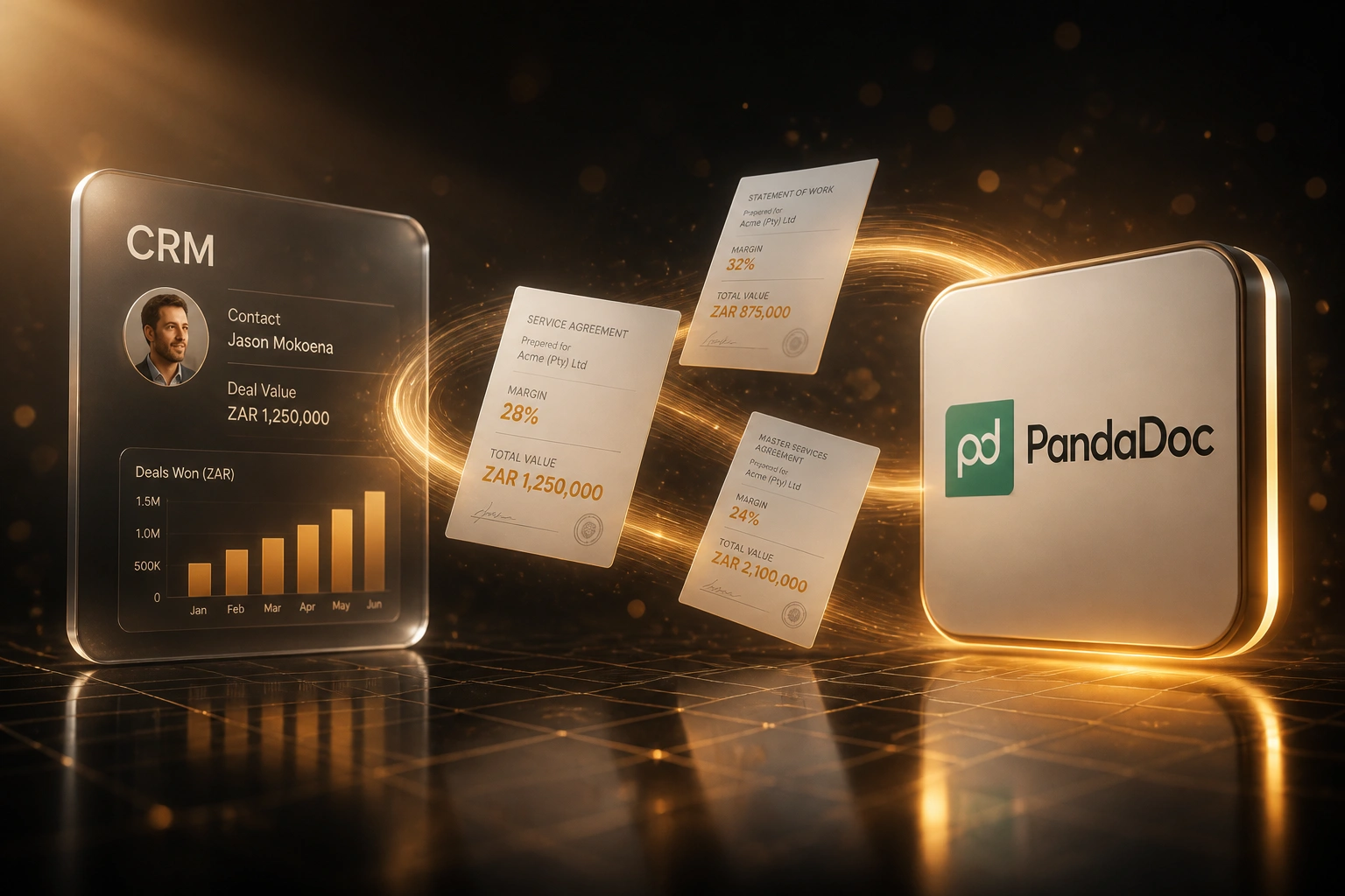 A glass CRM panel connected by an amber ribbon of light to a glossy PandaDoc badge, with quote documents showing live margin percentages mid-flight