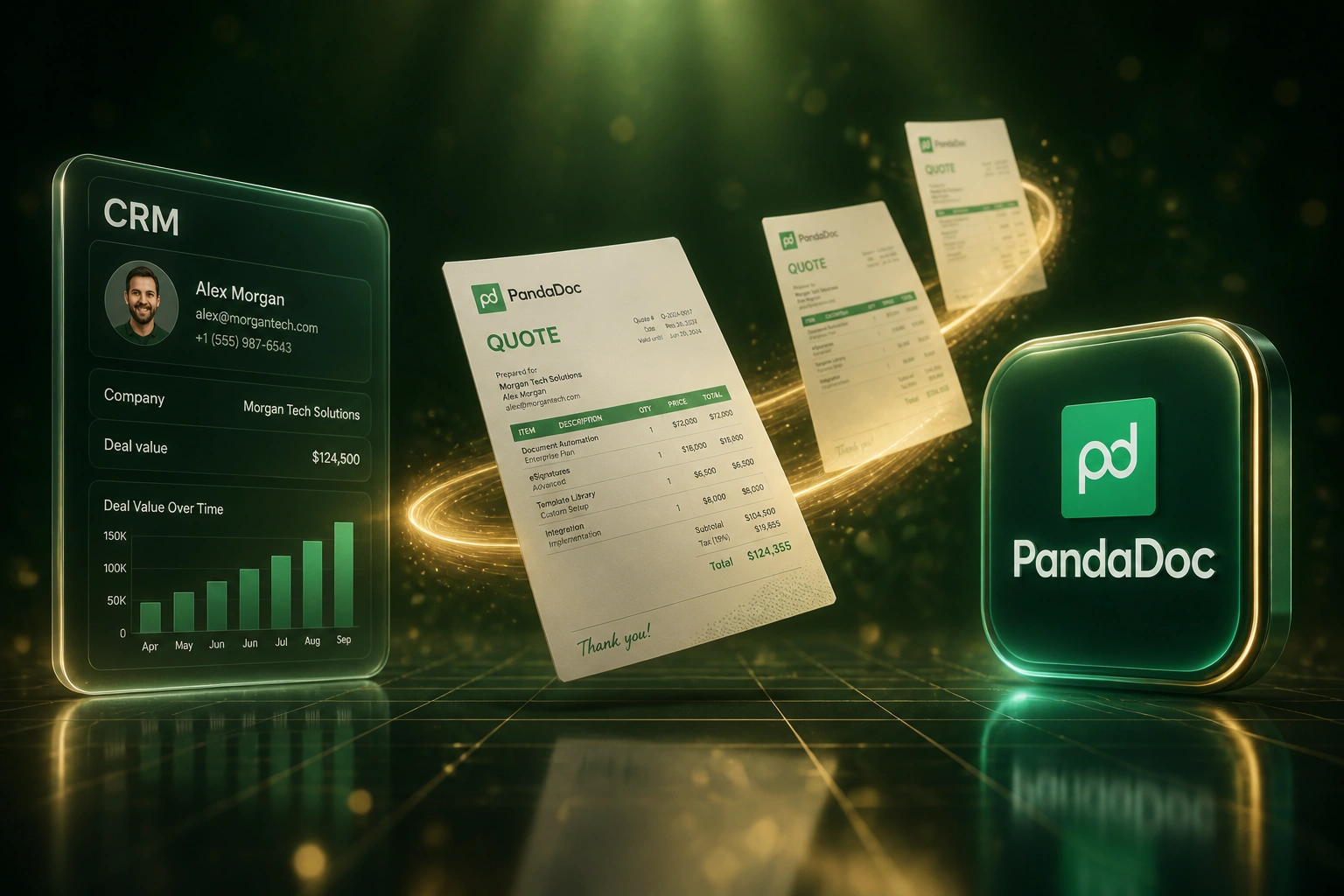 A glass CRM panel connected by a soft gold ribbon of light to a glossy PandaDoc badge, with branded PDF quote documents mid-flight