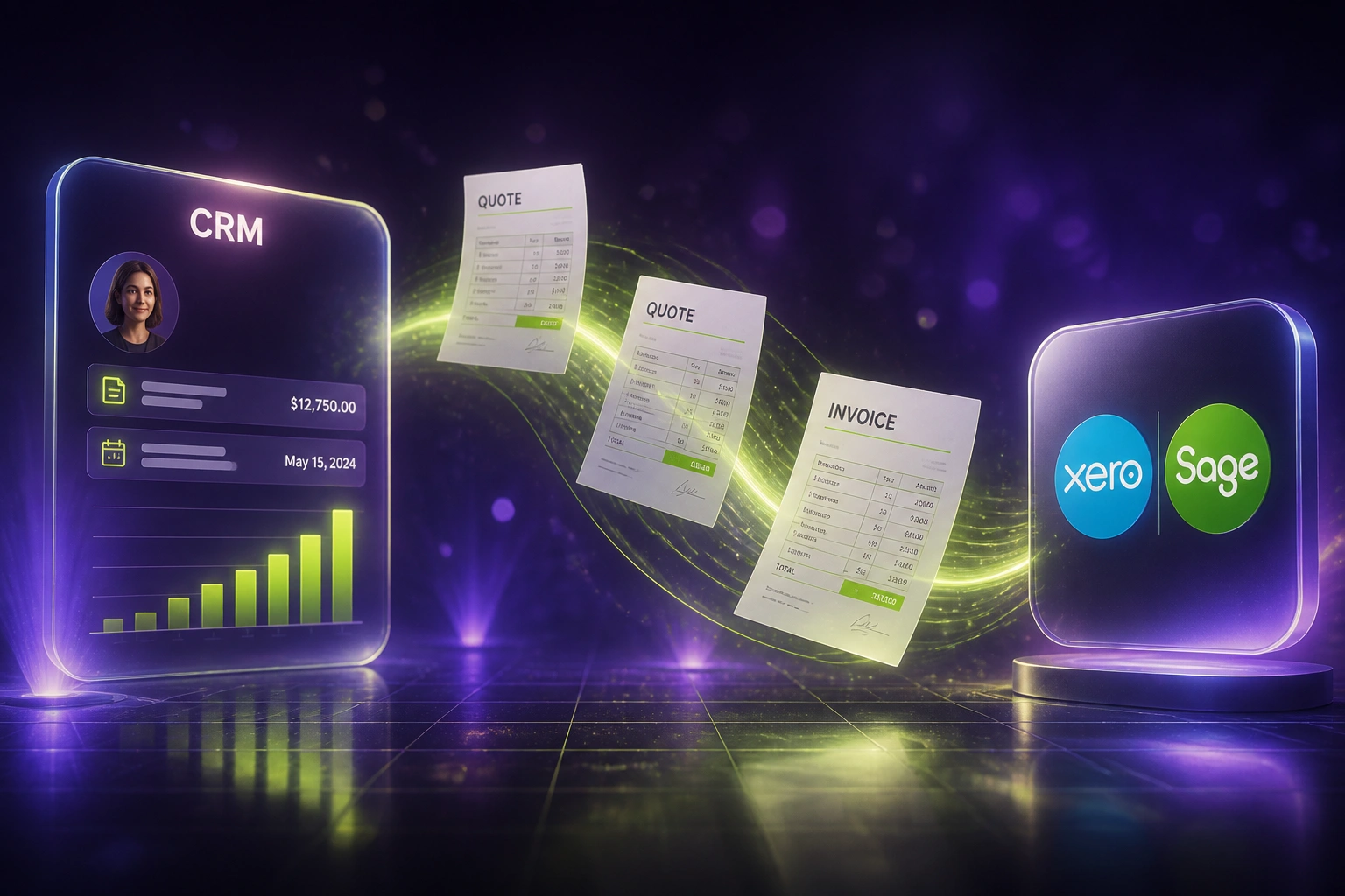 A glass CRM panel connected by a lime ribbon of quote and invoice documents to a Xero and Sage badge, illustrating automated quote-to-invoice conversion