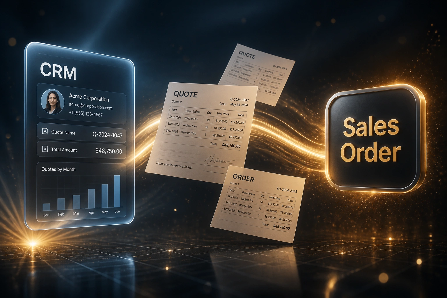 A glass CRM panel and a Sales Order badge linked by floating quote and order documents on an amber ribbon, illustrating automated quote to sales order creation