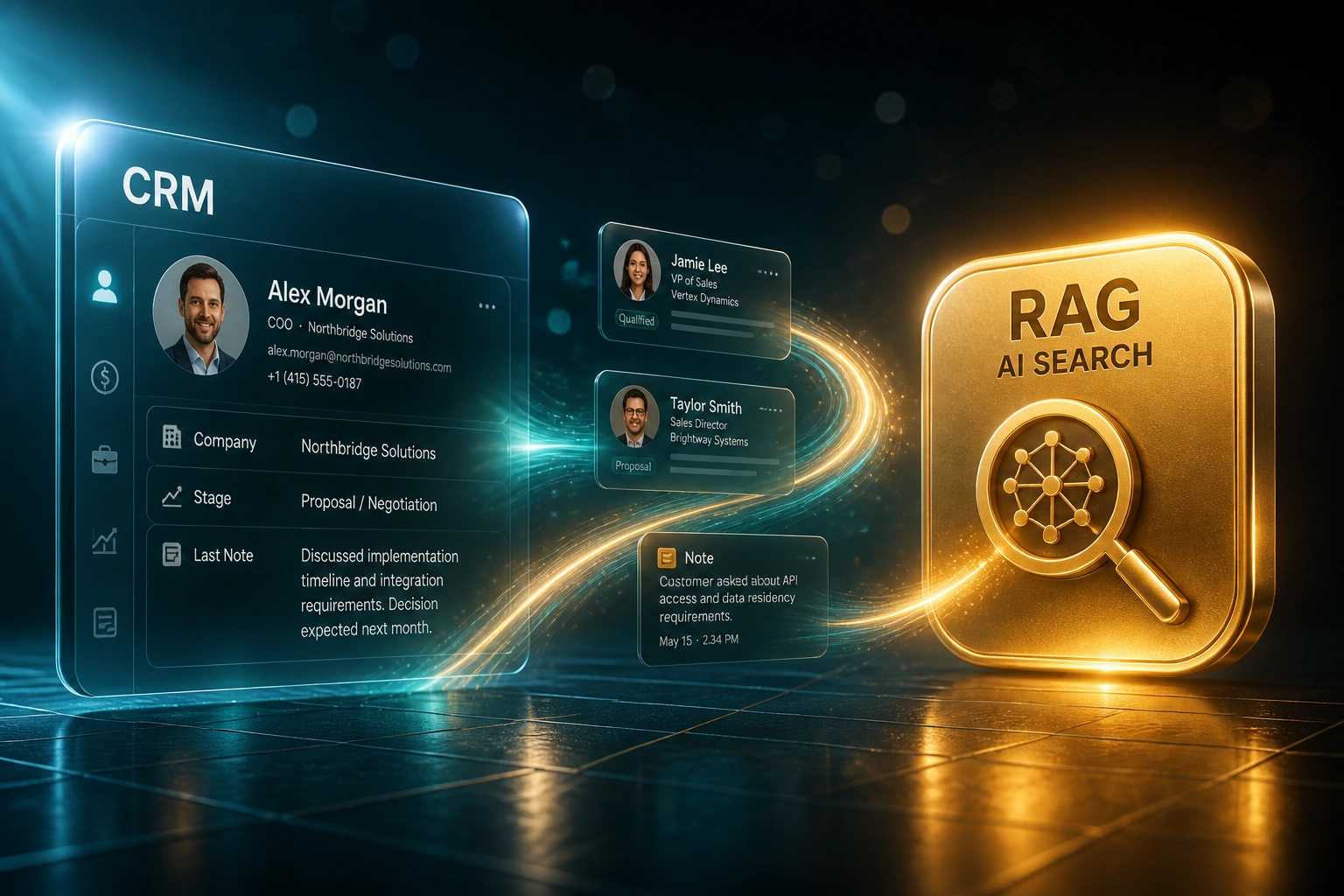 A glass CRM panel and a gold RAG AI search badge connected by floating contact and note cards on a midnight teal backdrop