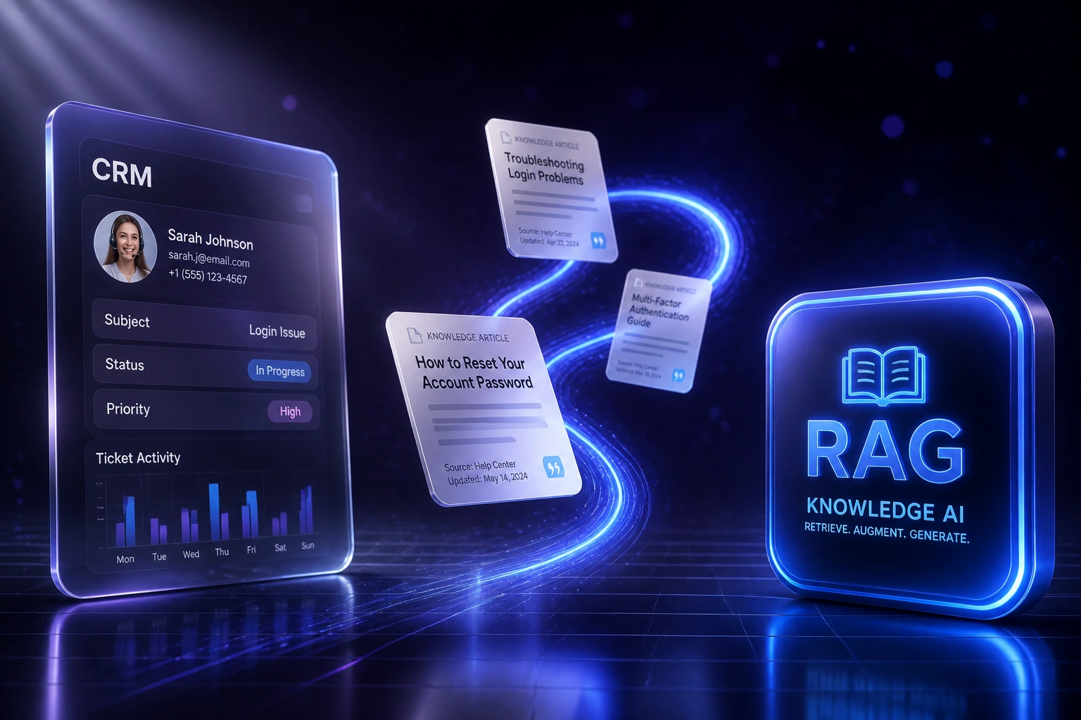 A glass CRM support ticket panel and an electric-blue RAG Knowledge AI badge connected by knowledge-article cards on a ribbon of light