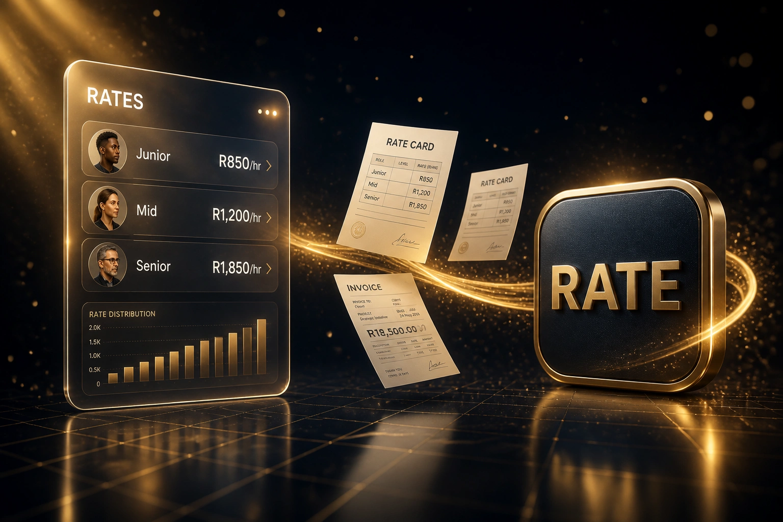 A glass RATES panel and a gold RATE badge connected by a soft gold ribbon of rate cards and invoices, illustrating a living rate card management system
