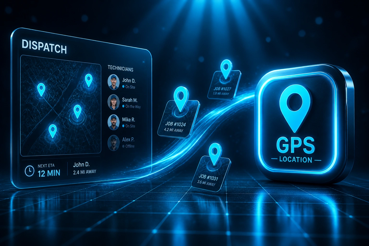 A glass DISPATCH panel with a live map of field workers connected by a cyan ribbon of location pins to a glossy GPS location badge