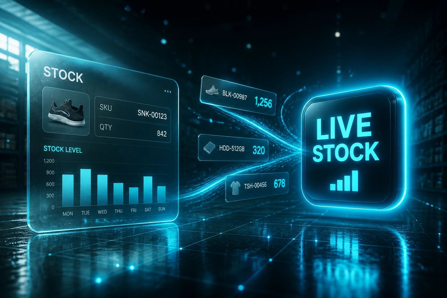 A glass STOCK panel and a glowing LIVE STOCK badge connected by an S-curved ribbon of SKU stock-level cards in a midnight teal warehouse
