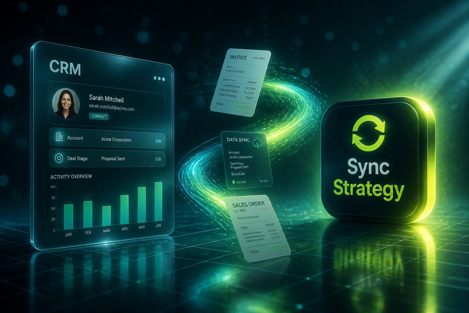 A glass CRM panel and a glossy Sync Strategy badge linked by an S-curved teal-and-lime ribbon carrying invoice and order payloads over a midnight teal floor