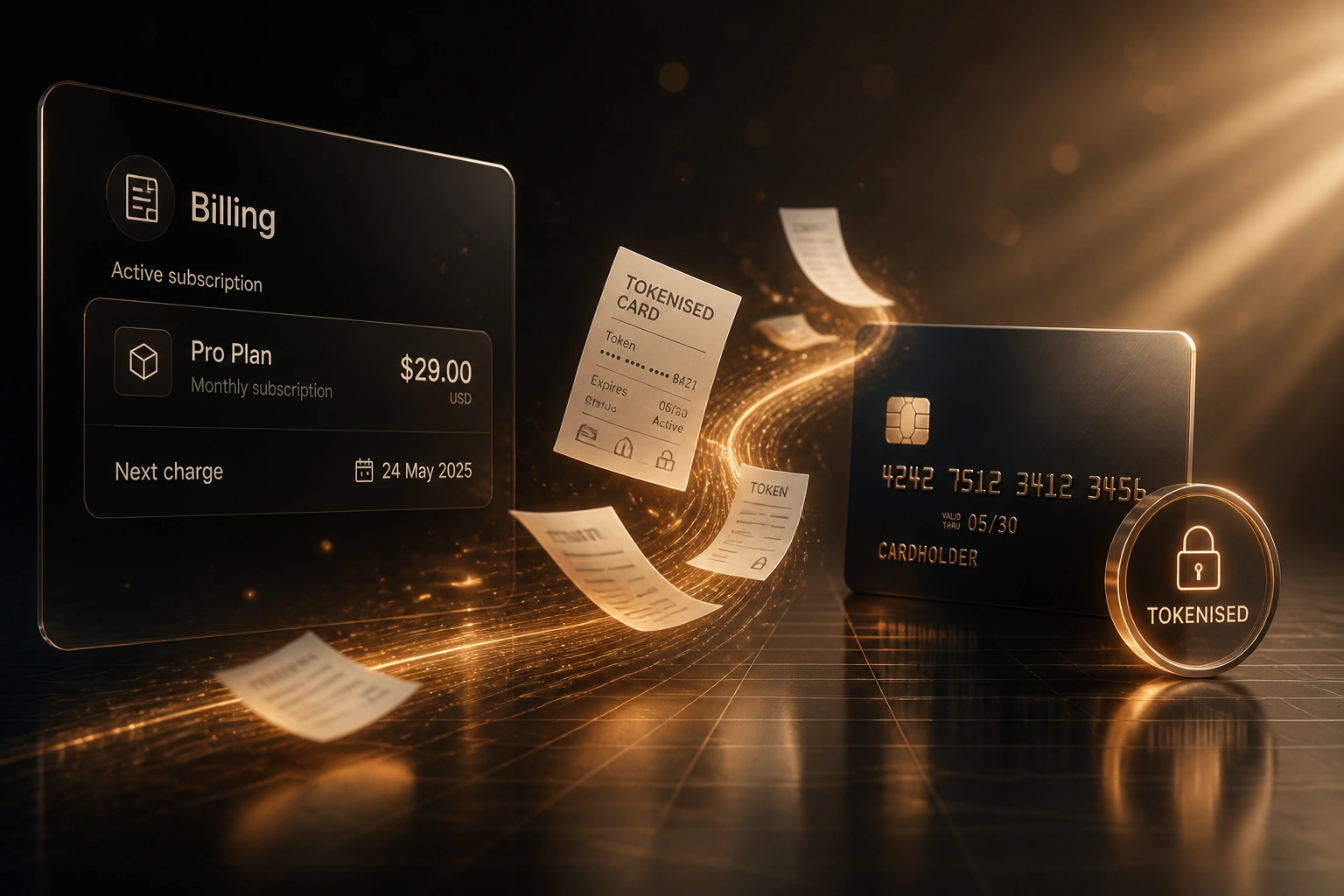 A Billing panel and a tokenised payment card connected by a copper ribbon of receipts, illustrating secure recurring card-on-file setup