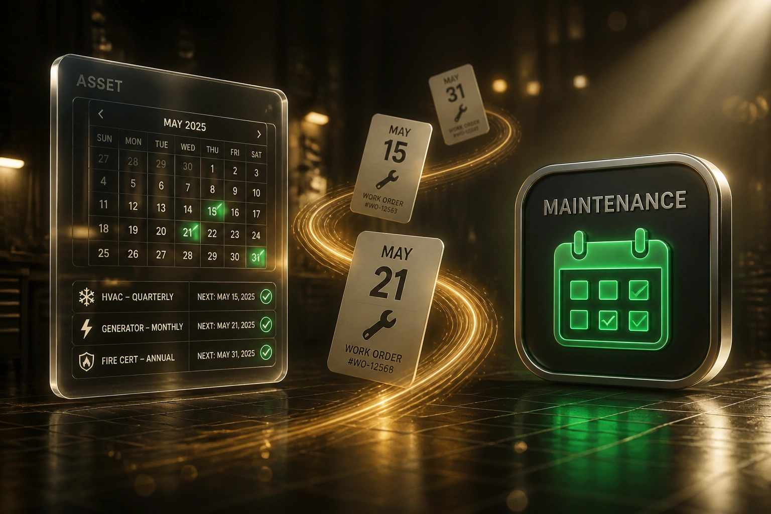 A glass ASSET panel with a maintenance calendar and a glossy emerald MAINTENANCE badge connected by work-order cards, illustrating recurring preventive maintenance schedule automation