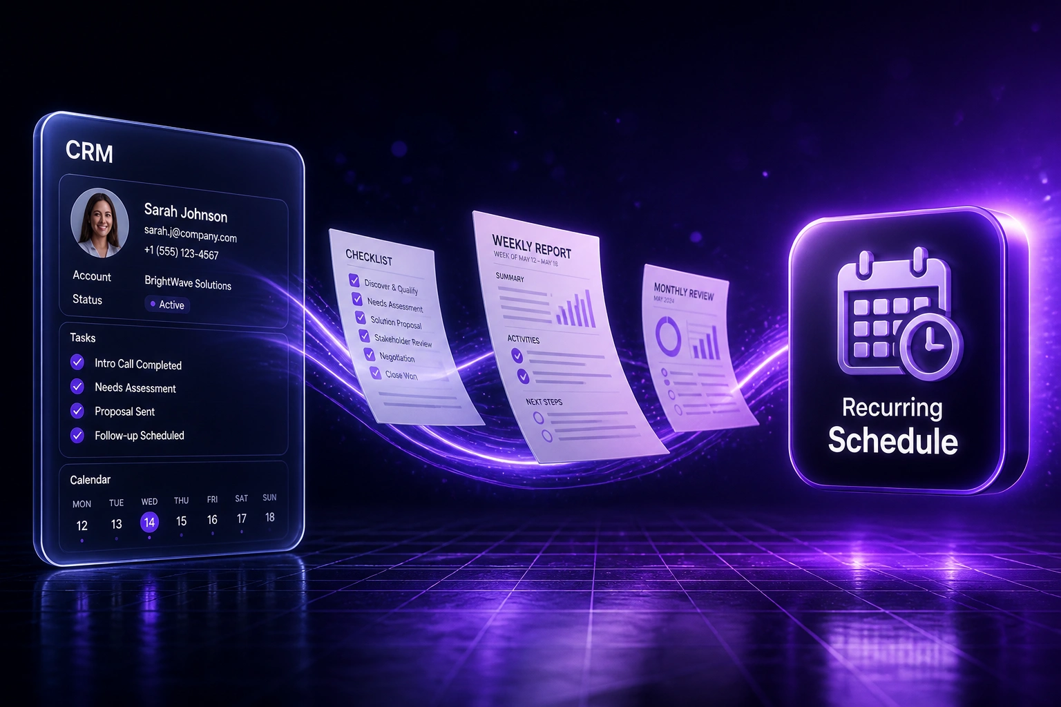 A glass CRM panel and a violet Recurring Schedule calendar-clock badge linked by a ribbon of checklist and report documents, illustrating automated recurring task creation