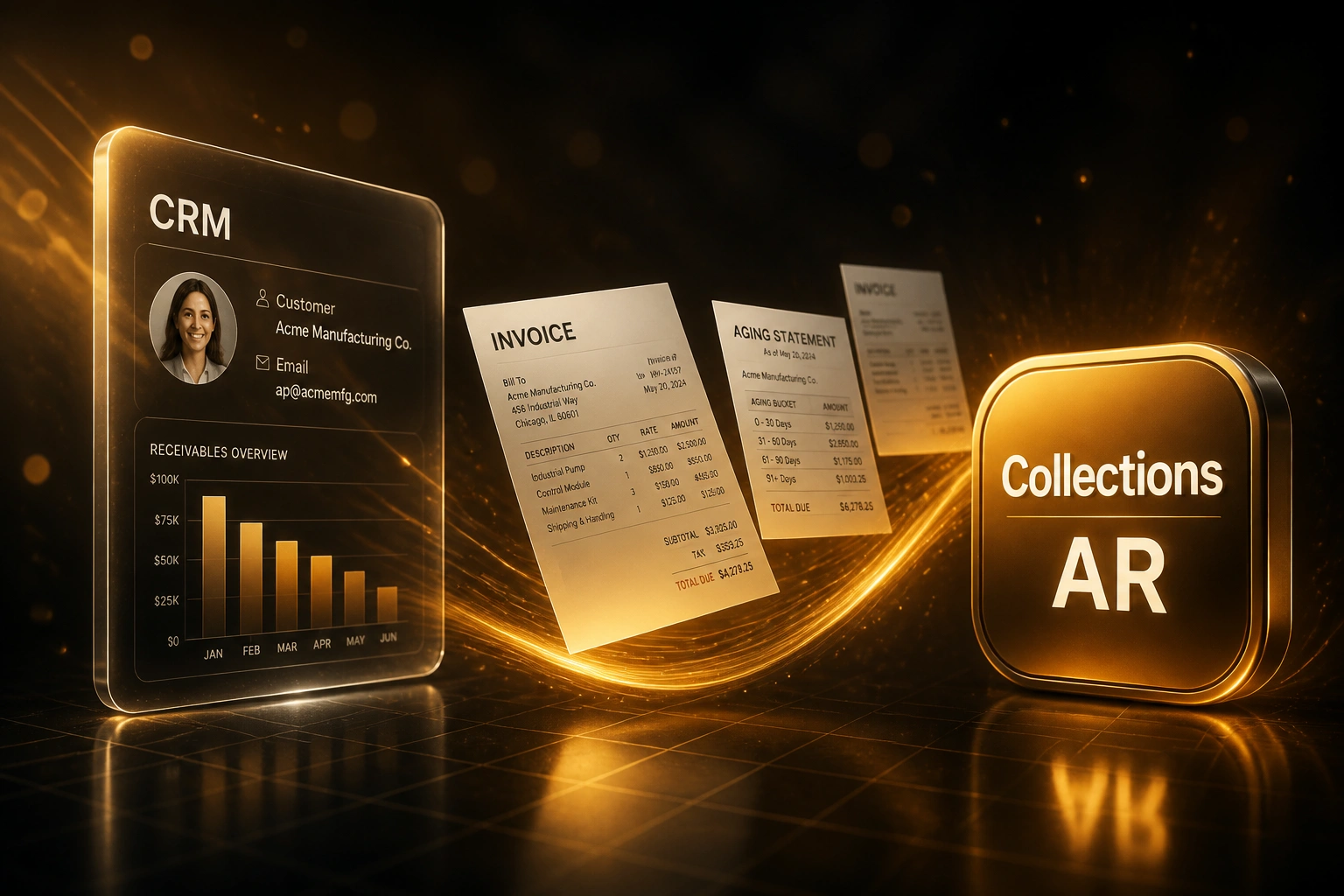 A CRM panel and a Collections AR badge connected by a flowing ribbon of invoices and aging statements, illustrating automated debtor management