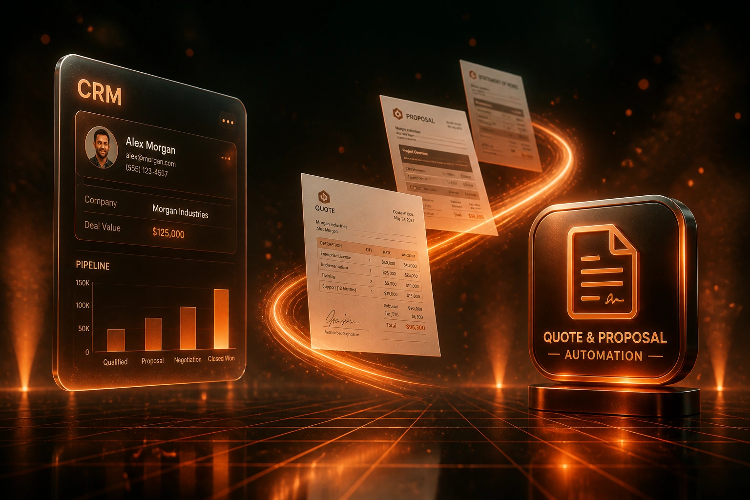 A CRM panel and a quote automation badge connected by floating proposal documents on a copper light ribbon, illustrating faster quoting