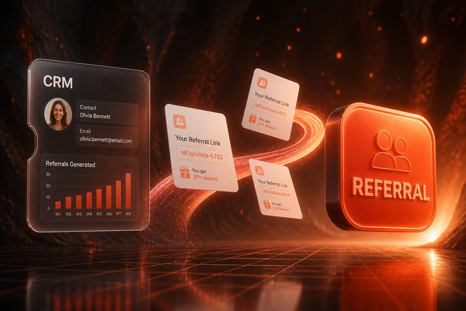 A glass CRM panel and a glossy coral REFERRAL badge linked by referral-link documents on a warm light ribbon, illustrating automated referral tracking