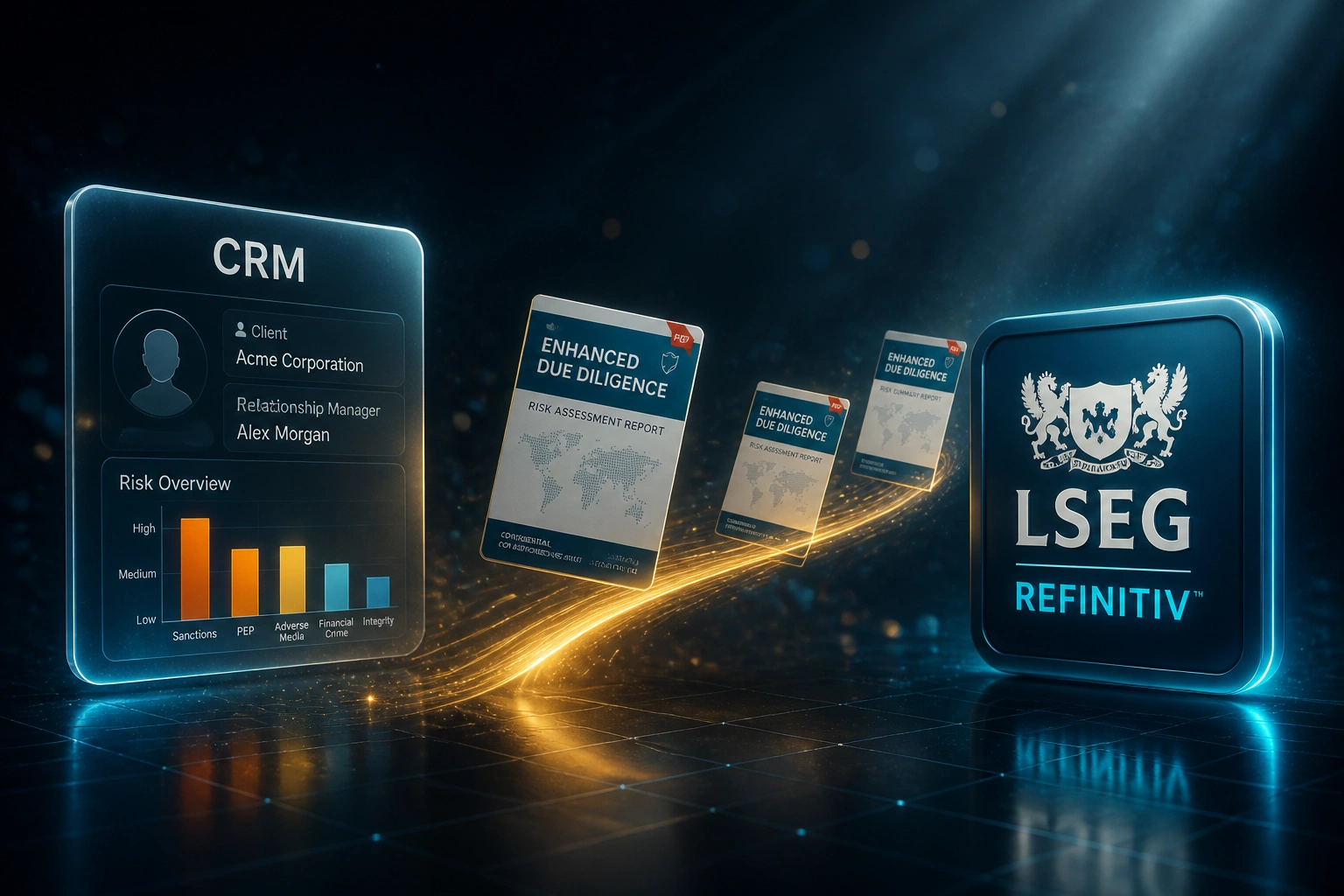 A CRM panel and the LSEG Refinitiv badge connected by a ribbon of Enhanced Due Diligence risk reports, illustrating automated deep-dive EDD delivery