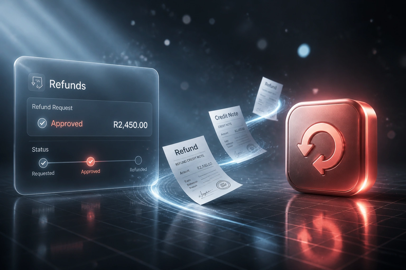 A glass Refunds panel showing an approved refund beside a coral payment refund badge, connected by a ribbon of refund and credit-note documents