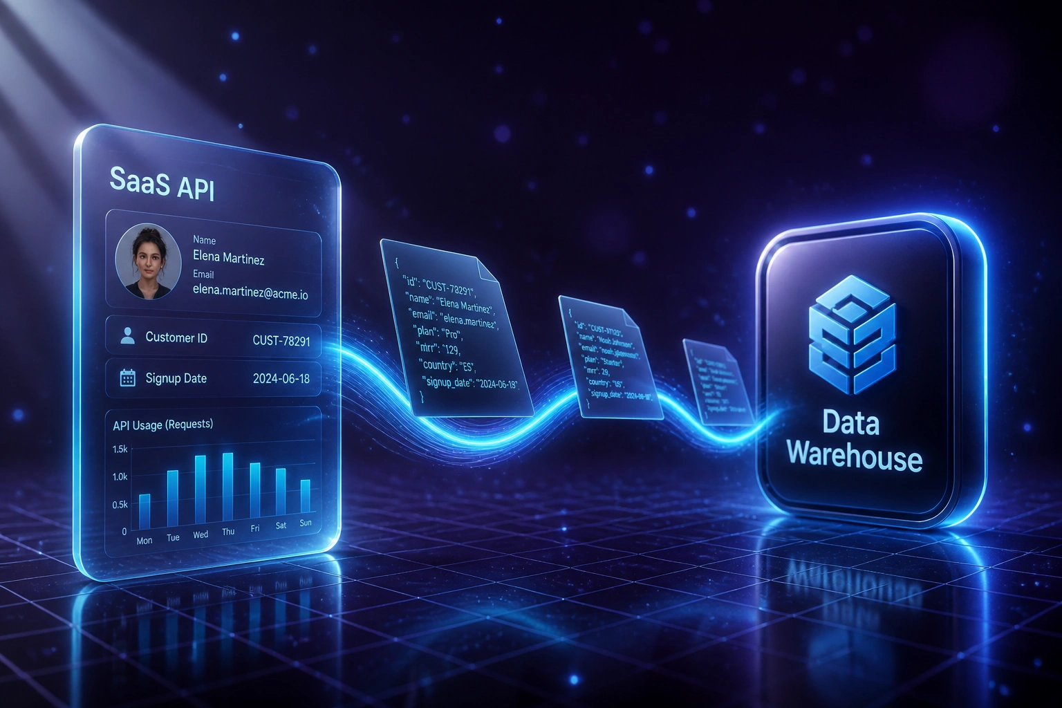 A glass SaaS API panel and a glowing Data Warehouse badge connected by a cyan ribbon of JSON records, illustrating an automated REST API data extraction pipeline
