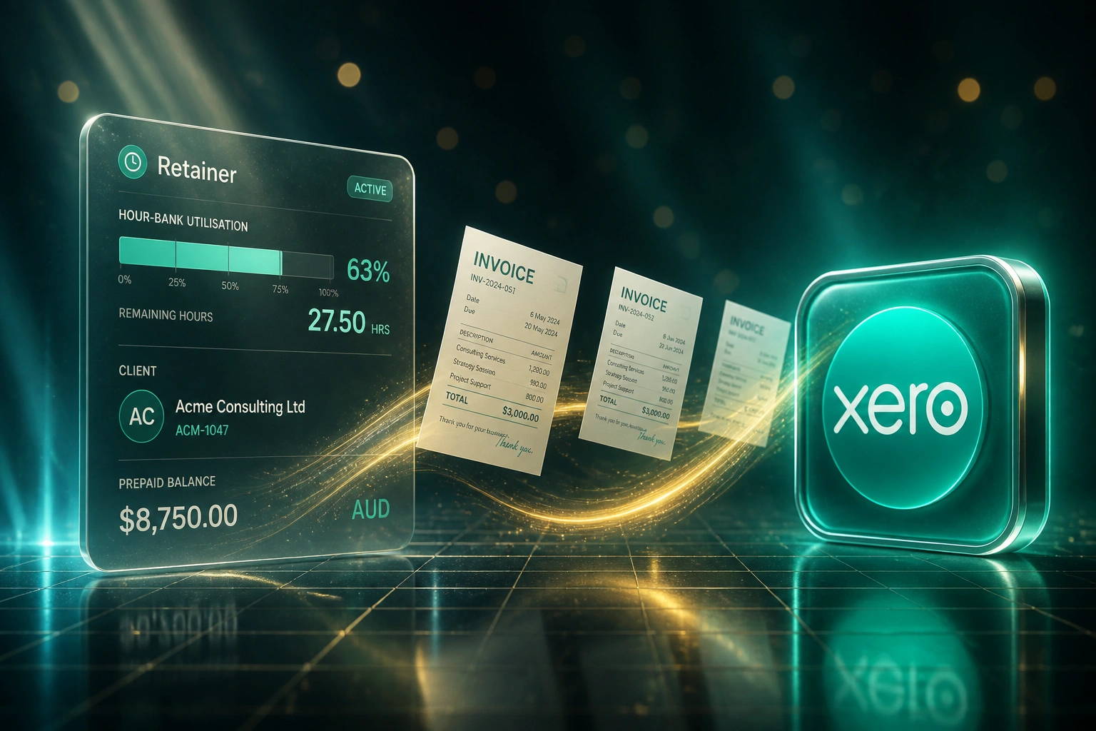 A glass Retainer panel showing hour-bank utilisation connected to a Xero badge by a soft-gold ribbon of monthly invoices