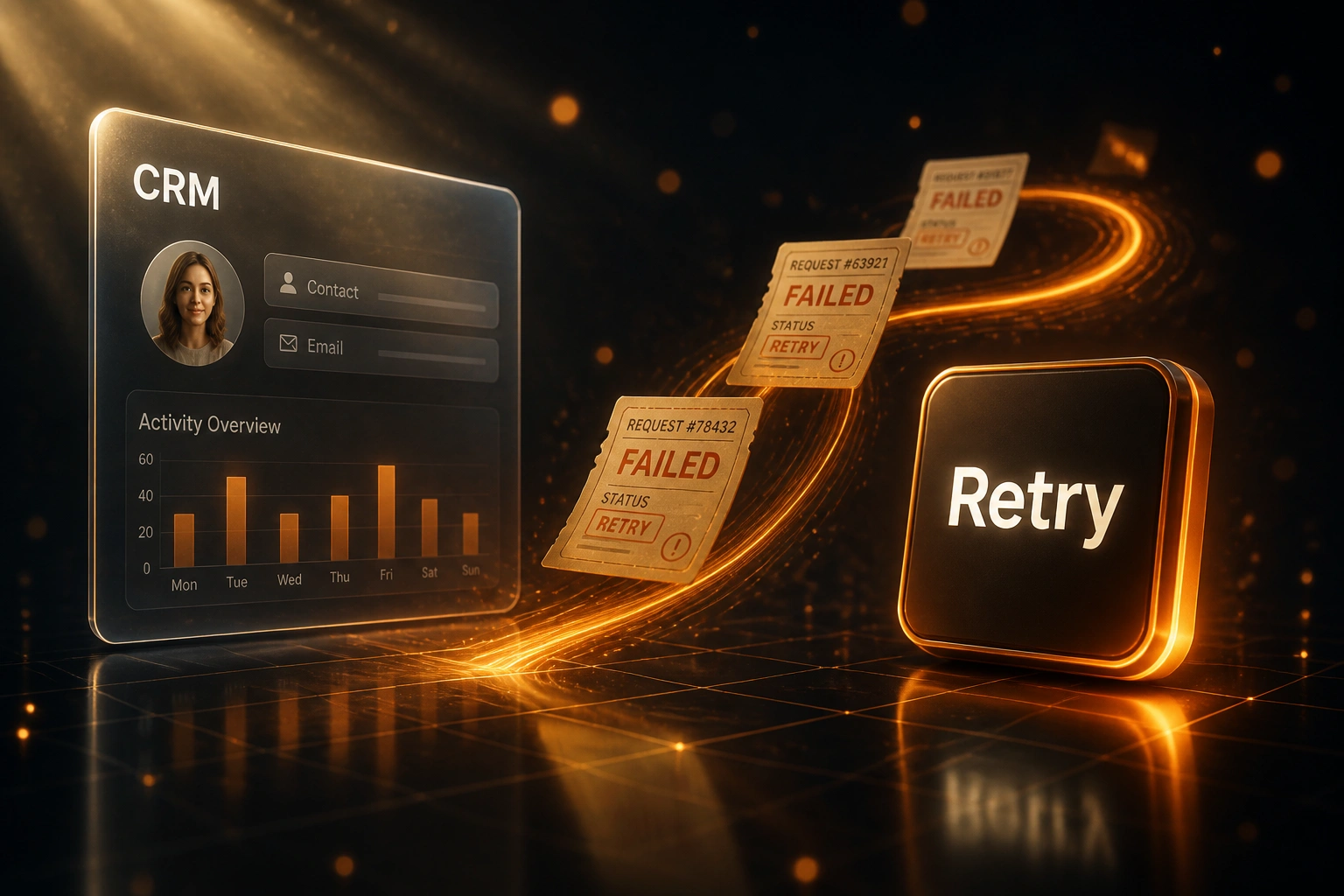 A glass CRM panel and a glossy amber Retry badge linked by a ribbon of failed-request tickets, illustrating production retry strategy for integration failures