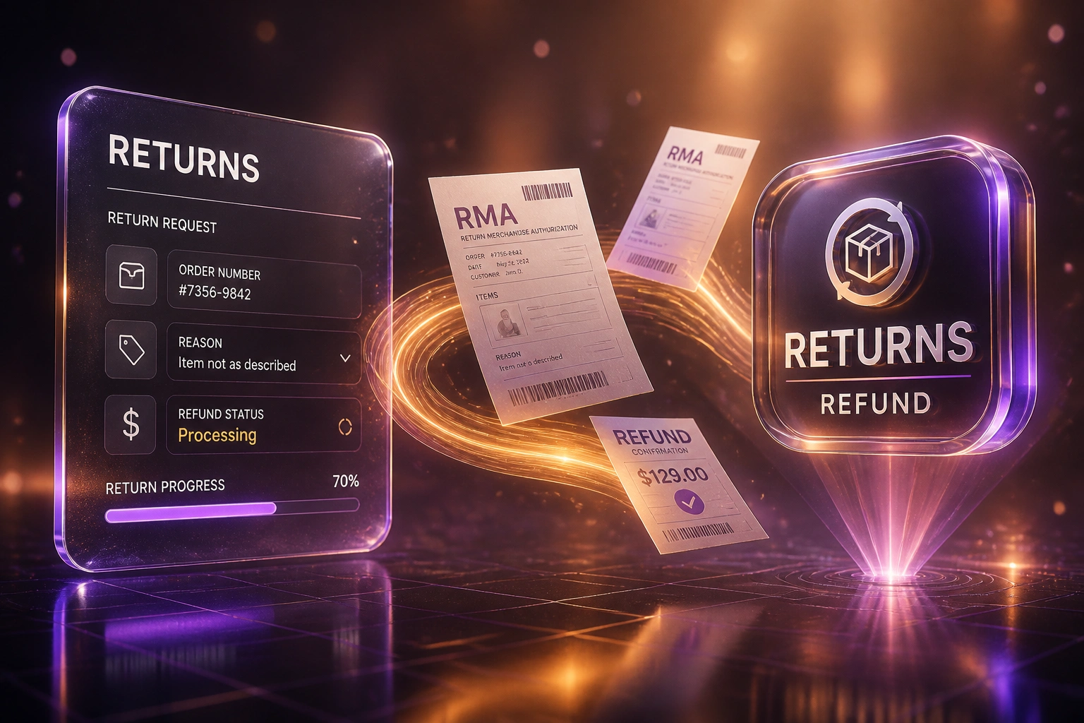 A glass RETURNS request panel and a violet RETURNS / REFUND badge linked by RMA documents on an amber light ribbon over a warm dusk floor