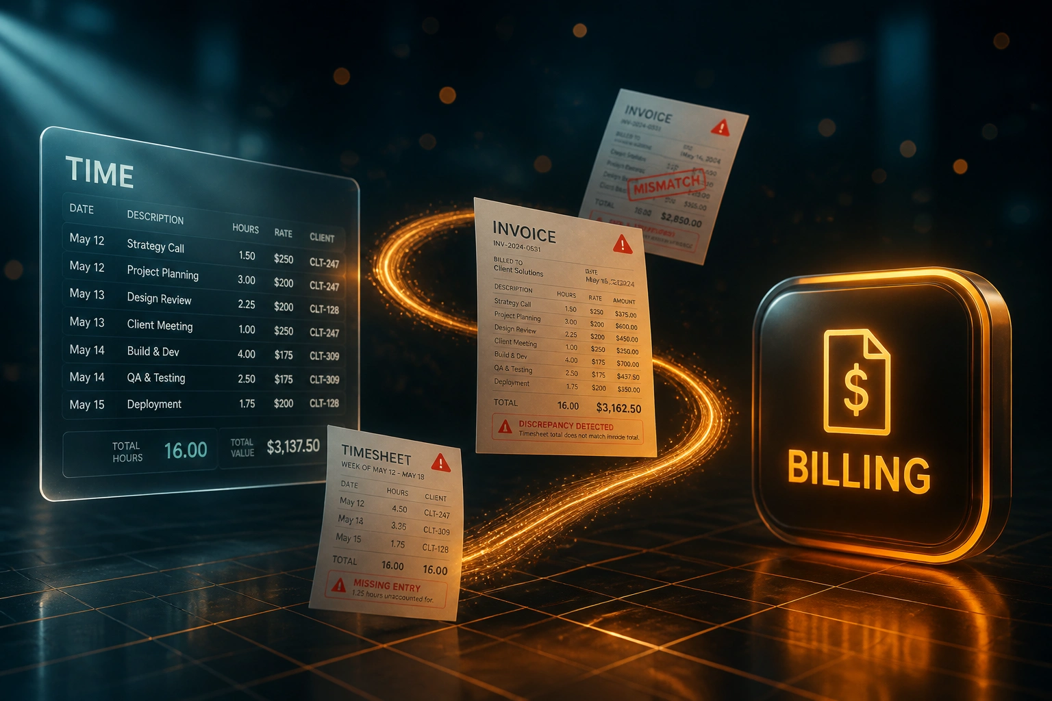 A glass TIME timesheet panel and a glowing BILLING badge linked by an amber ribbon of invoices marked with discrepancy alerts, illustrating revenue leakage detection