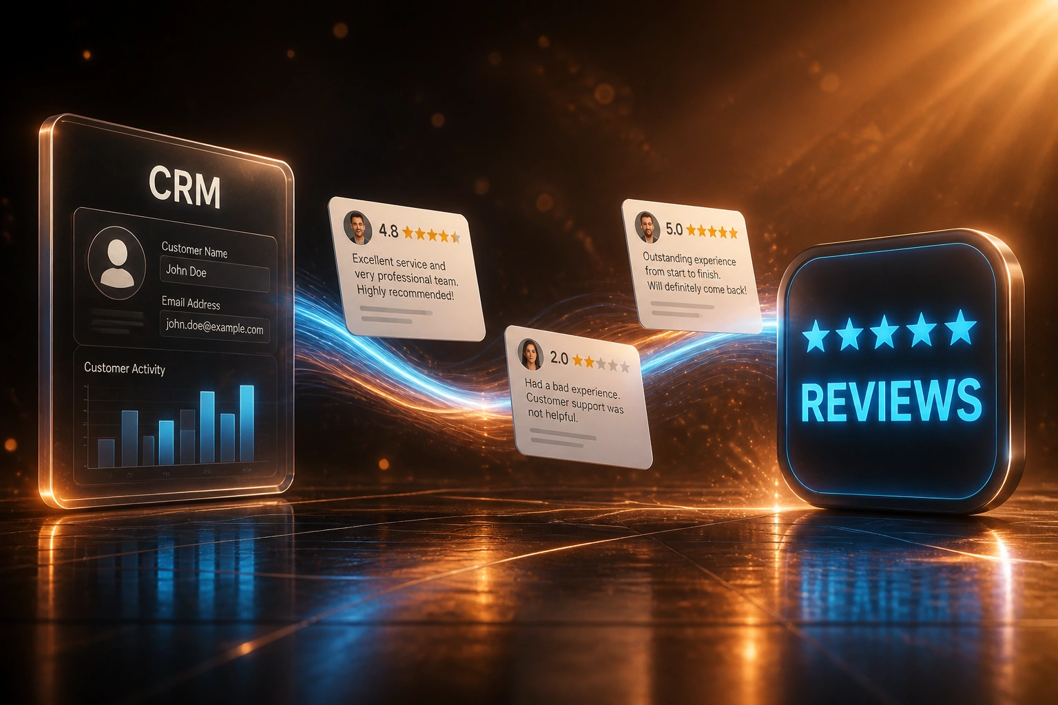 A CRM glass panel and a sky-blue REVIEWS badge connected by a ribbon of light carrying star-rating review cards, illustrating multi-platform review aggregation