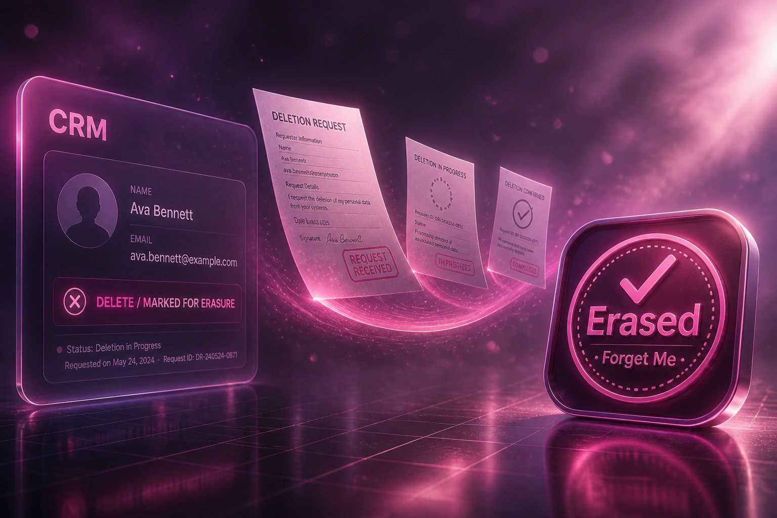 A glass CRM panel with a contact marked for deletion linked by a magenta ribbon of erasure documents to a glossy Erased Forget Me badge