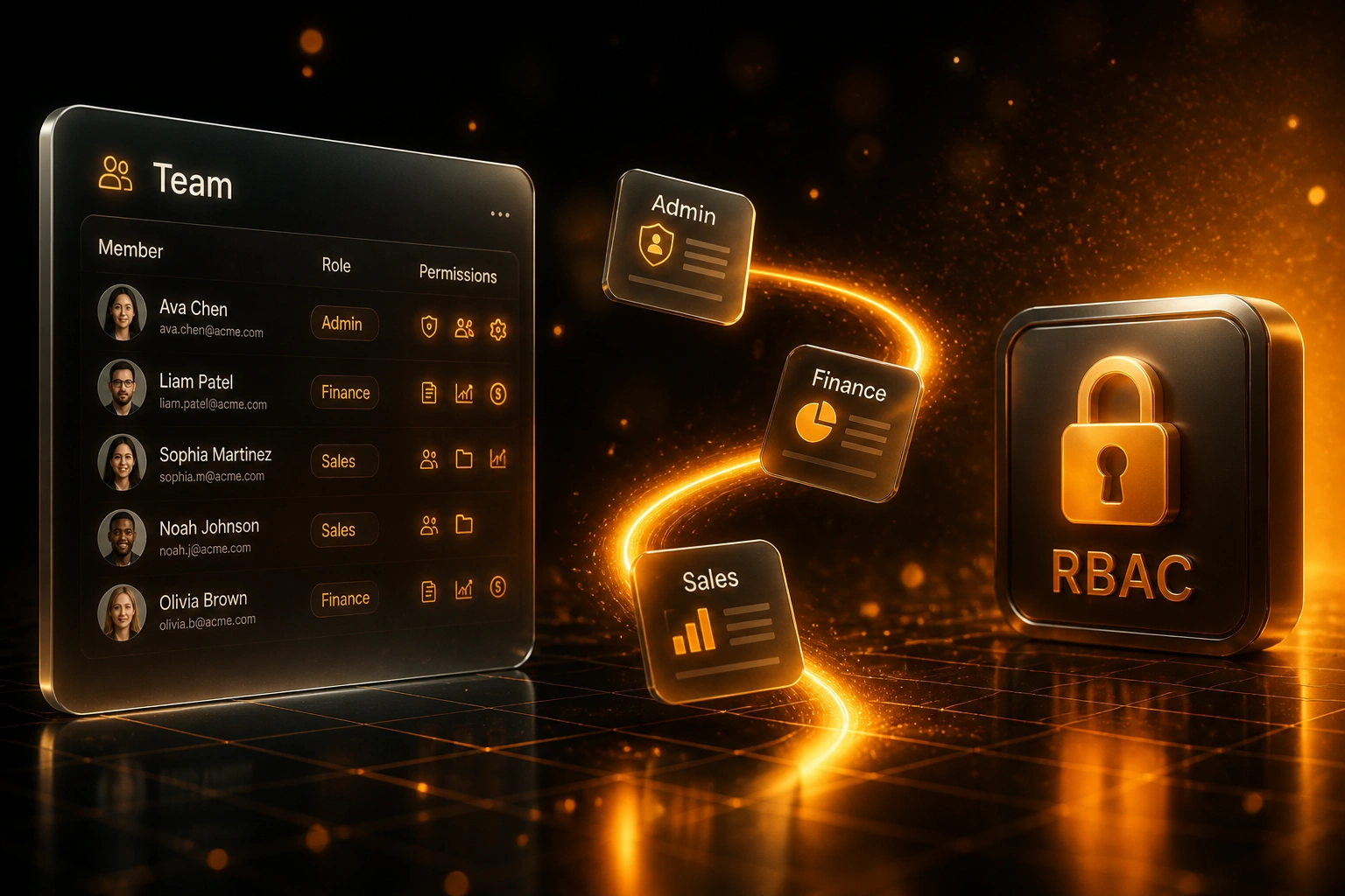 A glass Team panel and an amber RBAC lock badge linked by floating Admin, Finance, and Sales role cards on a charcoal backdrop