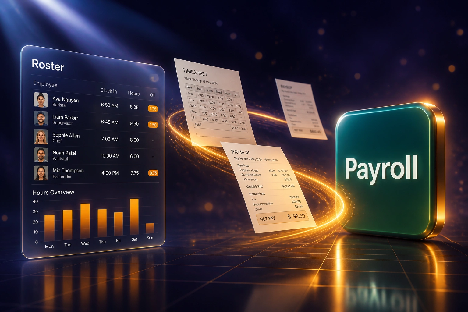 A glass Roster panel and a glossy Payroll badge connected by an amber ribbon of timesheets and payslips, illustrating automated roster-to-payroll sync