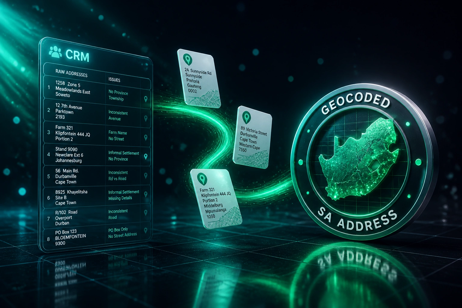 A glass CRM panel of messy South African addresses flowing along an emerald ribbon into a glossy GEOCODED SA ADDRESS badge with map pin documents mid-flight