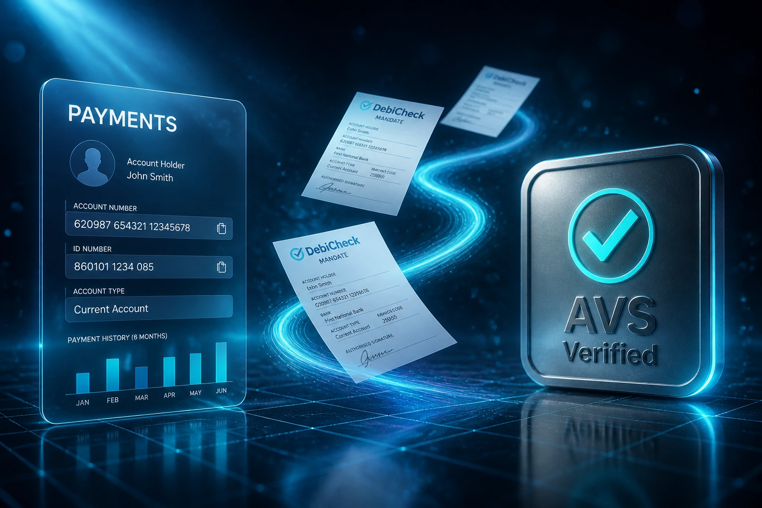 A glass Payments panel with account fields and an AVS Verified cyan badge linked by a ribbon of DebiCheck mandate documents, illustrating South African bank account validation before money moves