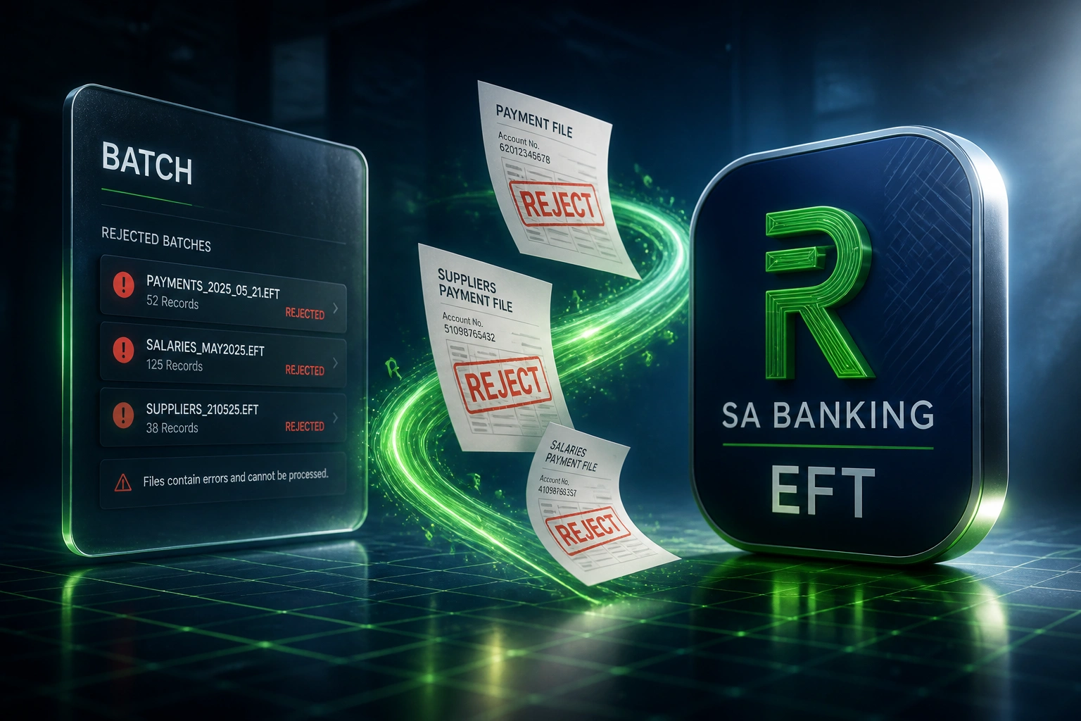 A glass BATCH panel and an SA Banking EFT badge linked by a green currency filament carrying rejected payment files across a deep bank navy scene